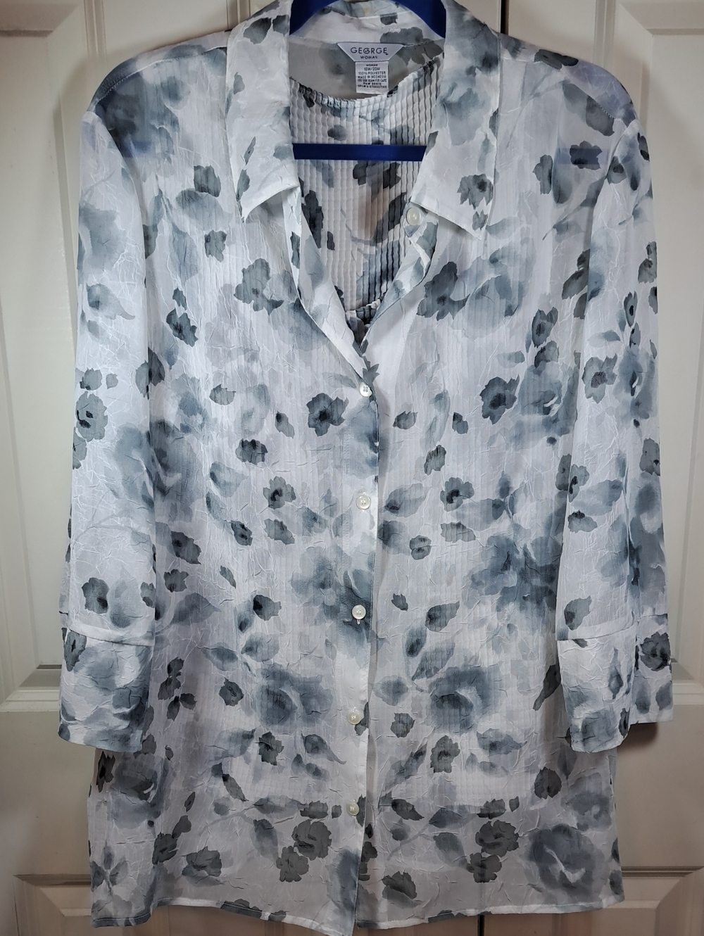 George Sheer Floral Button-Front Shirt in White and Gray